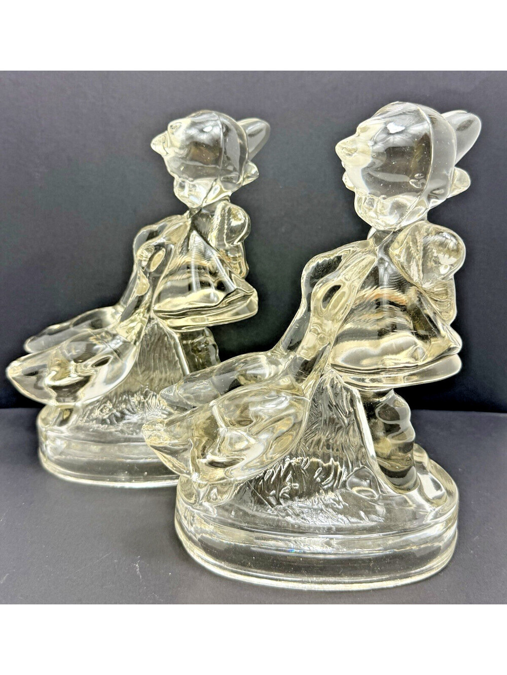 Vtg Goose Girl Glass Figurine Set 2 Bookends Natural Bubbles Cottagecore Nursery